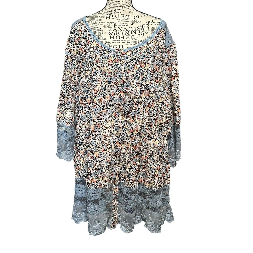 Roamans Women's Plus 24W Blue Floral Lace Tunic Cottagecore Fairy Romantic
